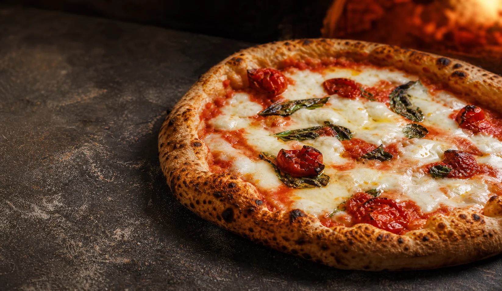 Frisch gebackene Pizza mit Fior di Latte, Tomaten und Basilikum auf dunklem Stein